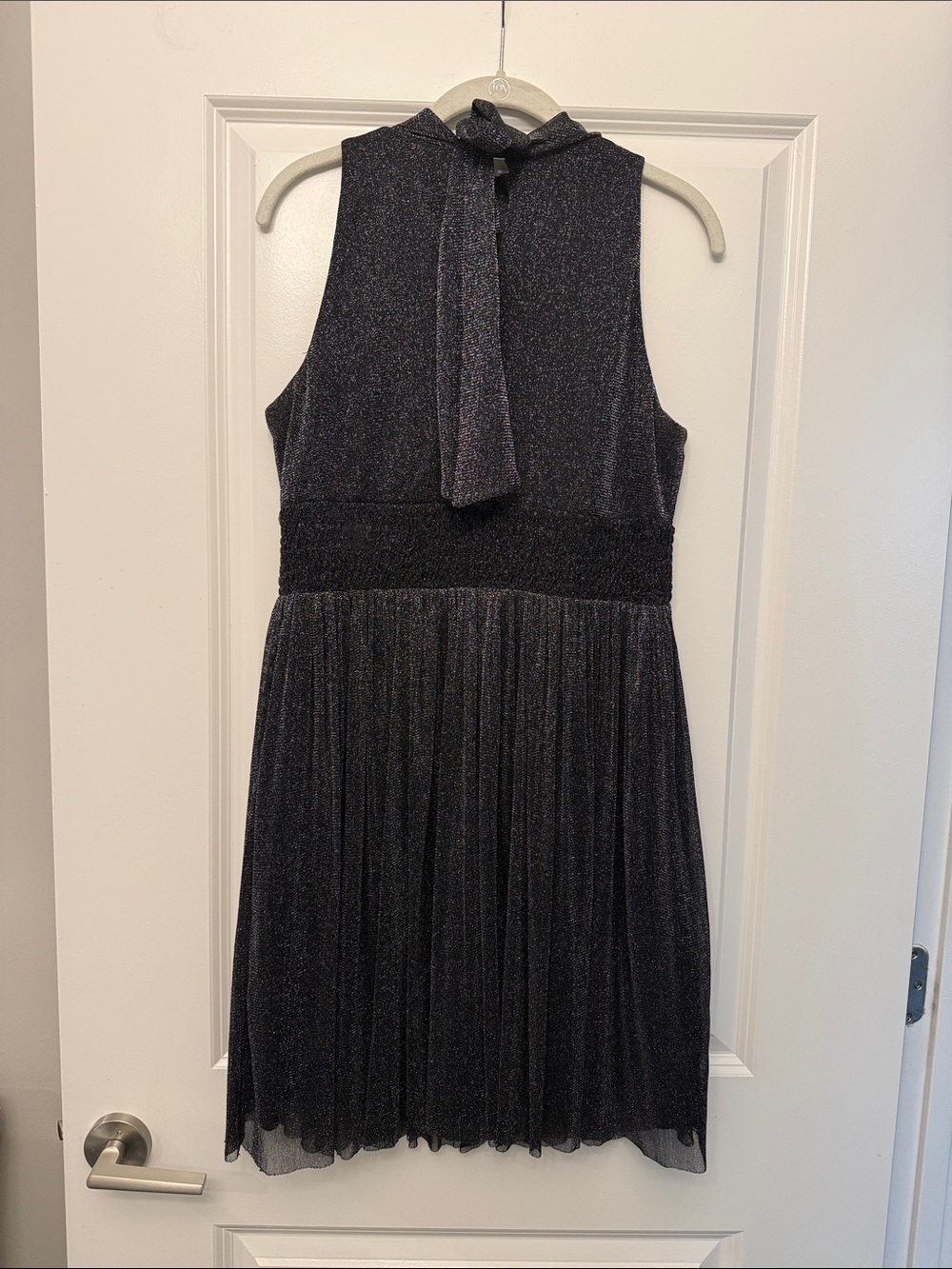 London Times Navy Sparkle Tie-Neck Pleated Formal Dress